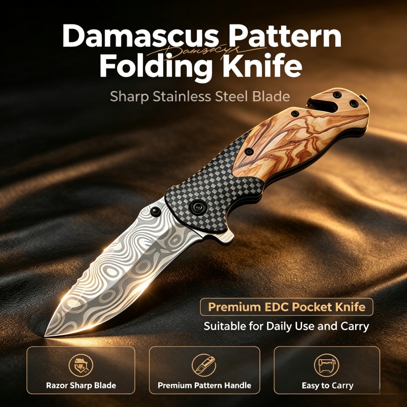 ダマスカス模様折りたたみナイフ、鋭利なステンレス鋼の刃、プレ - Edc Carry Pocket Knife のレビューと価格